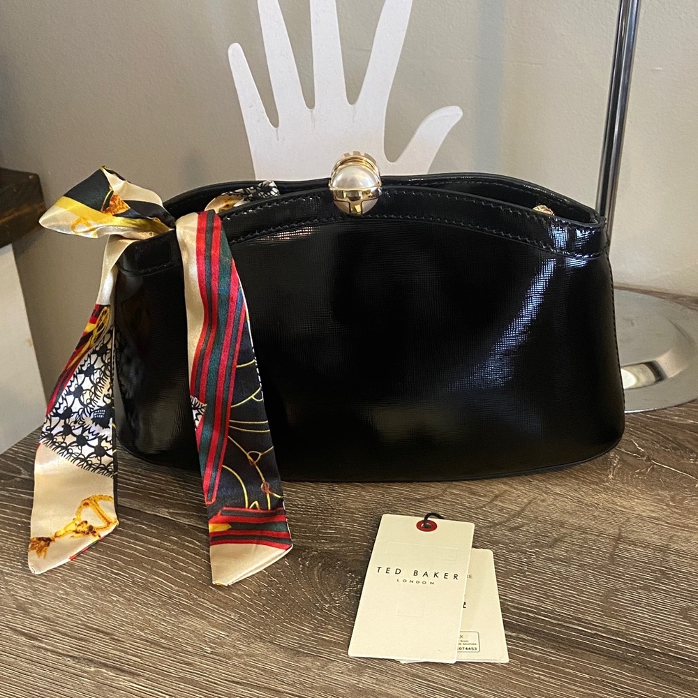 Ted Baker London Aster Black Textured Patent Leather Clutch Shoulder Bag NWT